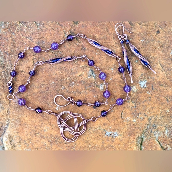 Celtic Jewelry Set Necklace and Earrings Amethyst Gemstone Beads Evening Artisan - Picture 3 of 14